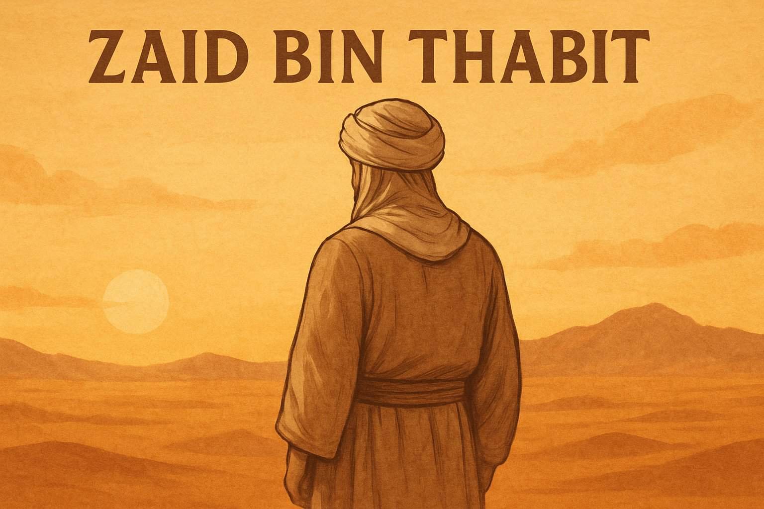 Zaid bin Tsabit Islamic thumbnail – digital artwork showing back view of a Sahabah in robe and turban, standing in a desert at sunset with warm tones, historical Muslim scribe illustration