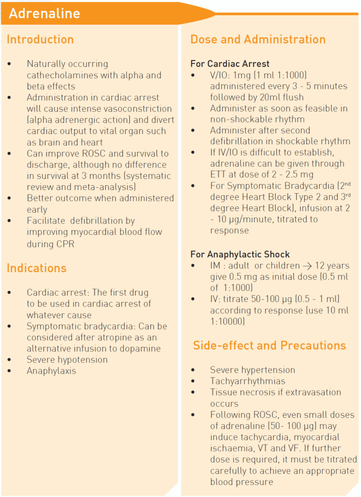 adrenaline dose, indication, side effects, resuscitation