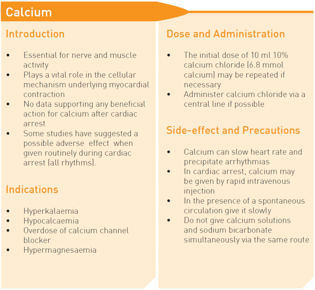 calcium dose, indication, side effects, resuscitation