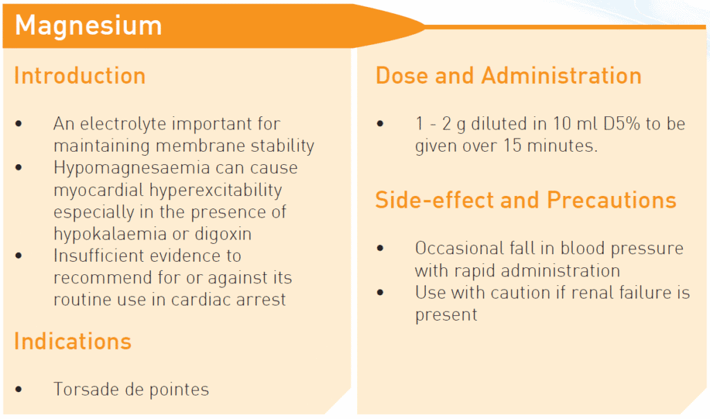 magnesium dose, indication, side effects, resuscitation